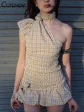 Summer New Dress Set Women Plaid Print Fashion Shirring Tanks Tops+Bow Bandage Pleated Skirts Female Chic Street Outfits-Outfit