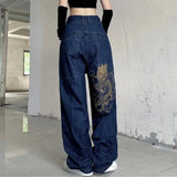 Jeans High Street Goth Vintage Casual Loose Printed Wide-Legged Trousers-Outfit