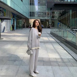 New Casual 2 Pieces Knitted Set Long Sleeve Patchwork Sweater Long Trousers Autumn Winter Female Wide Leg Pants