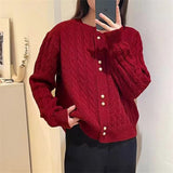 Version Of Retro Twist Round Neck Knitted Cardigan Women's New Lazy Gentle Style Simple Soft Waxy Sweater Jacket-Outfit