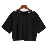 Toloer Wind Open Shoulder Hollow Out Sexy Solid Color T-Shirt V Collar Women's Short-Sleeved Loose Female