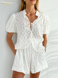 Sexy Short Sleeve Shirts Two Piece Set Women Summer White High Waist Shorts Set Female Casual Vacation Suits With