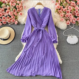 VAREY LIN New Spring Autumn Women Casual Solid Slim Dress Elegant A Line V Neck Puff Sleeve Chiffon Pullover Mid-Calf