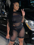 Summer Womens 2 Two Peice Sets Outfits Patchwork Mesh Bodycon Bodysuit Skinny See Through Short Suits Black Matching