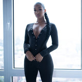 V-neck Buttons Sexy Rompers Women Long Sleeve Jumpsuits Autumn Letter Embroidery Sleepwear Back Flap Streetwear-Outfit