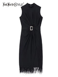 Black Summer Dress For Women Round Neck Sleeveless High Waist Solid Patchwork Feathers Midi Dresses Female
