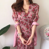Dresses for Women V-neck Short Sleeve Floral Dress Female Chiffon Long Dress Korea Office Lady Vestidos Summer 2023