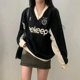 Print American Casual Hoodie Women Loose V-neck Contrast Color All-Match Pullover Baseball Top-Outfit