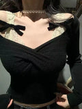 Color Crop Tops Women Patchwork Lace Fake Two T-shirt 2024 Ropa Mujer Slash Neck Long Sleeve Summer Tees Sexy Tshirts-Outfit