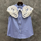 White Fold Pleated Shirt For Women Peter Pan Collar Sleeveless Solid Minimalist Button Through Blouse Female