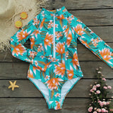2025 New One-Piece Swimsuit Women's Surfsuit Long-Sleeved Zipper INS Print