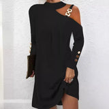 Explosion Autumn Simple Metal Buckle Hanging Neck Button Dress Women's