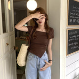 Women's T-Shirt Shows A Sense Of Thin Short-Sleeved Design Minority Pleated Irregular Slimming Blouse Square Collar Clavicle T-Shirt-Outfit
