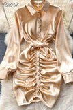 Chic Women Satin Dress 2023 Fashion Spring Summer Turn-down Collar Long Sleeve Buttons Ruched Mini Bodycon Party
