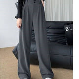 Waist Wide Leg Pants for Women New Loose Straight Coffee Trousers Autumn Double Buttons Casual Suit Pants Female-Outfit