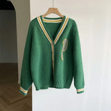 Women's Letter Print V Neck Colorblock Oversized Knit Caridgan Green Blue Gray Casual Sweater