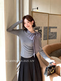 Xixi 2025 Autumn White Standard Korean Version Of Elegant Temperament Solid Color Tie With Thin Knitted Shirt Top Lady