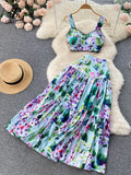 Vacation Floral Print Women Set Summer Zipper Pleated Temperament Elegant Slim Long Skirt Fashion Two Piece