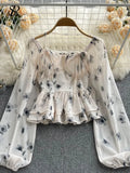 Print Halter Short Chiffon Blouse Women Slash Neck Fold Sheath Long Sleeve French Elastic Waist Streetwear Fashion