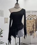 Personality Tie-Dye-Print Oblique Shoulder Dress Repair Irregular Lotus Horn Long-Sleeved Mesh T-Shirt