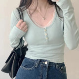 Y2K Lace Trim Patchwork Button Knitted Crop Top Cute Long Sleeve V Neck T-Shirt Korean Chic Harajuku Pullovers Autumn Winter-Outfit