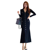 Korean Maxi Dresses for Women Party Long Sleeve V-neck Mermaid Dress Elegant Fashion Ladies Vestidos Femme Autumn