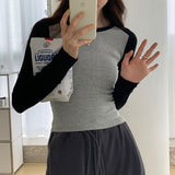 Shoulder Long-Sleeved T-Shirt Women's Spring And Autumn Color Foreign-Style Blouse Thread Slim Short Style Bottomed Blouse Trend-Outfit