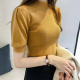 Turtleneck Knitted Summer Tops Woman Simple Slim Short Puff Sleeve Shirts Soft Solid Spring Shirt Tees Female Chic