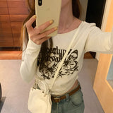 Print Pleated Long-Sleeved T-Shirt Women's New Autumn Design Short-Style Bottomed Shirt With Underwear-Outfit