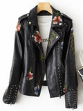 VAREY LIN 2022 New Women Retro Floral Print Embroidery Punk Faux Soft Leather Jacket Coat Pu Moto Biker Black Rivet