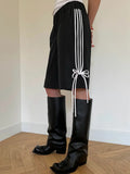 Women's Y2K Aesthetic Striped Print Knee Length Shorts Elastic Waist Side Bow Knot Tied Details Straight Short Pants-Outfit
