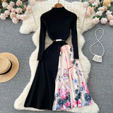 Print Patchwork Women Sweater Dress Half High Collar Rero Sashes Sheath Dress Winter Fashion Knitted A Line Long