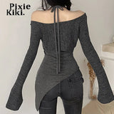 Fashion Y2k Tops Irregular Halter Off Shoulder Long Sleeve Top Grey 2 Piece Set Womens T Shirts Street Clothes