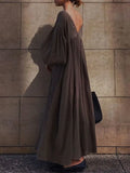 Spring Summer New Women's Dress Fashion V-Neck Belt Solid Color Bubble Sleeve Fold Loose Leisure Women's Dress Long