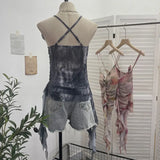 Asymmetrical Lotus Leaf Side Flower V-Neck Sling Vest Dyed Mesh Cross-Sleeveless Top