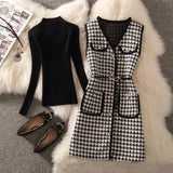 plaid Mid-Length Tweed Vest Jacket with belt Casual Long Waistcoat And Knitted Sweater Elegant 2 Piece Set Women Outfits 425-0-Outfit
