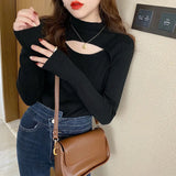 Hollow Out Pullover Women Sweaters Half Turtleneck Long Sleeve Knit Tops Elegant Jumper Autumn and Winter Clothes