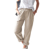 Linen Trousers Solid Color Elastic High Waist