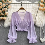 2021 Autumn Fashion Korean Women Blouse Long Sleeve V Neck Elastic Ruched Slim Tops Elegant Streetwear Short