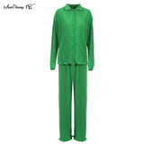 Pleated 2 Piece Women Pants Sets Loose Shirts And Wide Leg Long Pants Suit Ladies Outfits Fashion Office Two