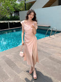 Xixi 2025 Summer New High-Waisted Vertiny Temperament Shoulder Flower Dress High-End Long Dress