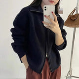 Collar Pit Strip Double-Head Zipper Knitted Cardigan Tide Autumn And Winter New Style Soft Waxy Cover Meat Shows Thin Hair-Outfit