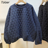 Pullovers Women Personality Triangle Rhombus Check Cotton Quilted Pullover Collapsed Shoulder Long Sleeve Loose Thick