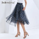 Plaid Patchwork Mesh Skirt For Women High Waist Vintage Elegant Midi Skirts Female 2020 Fall Fashionable New