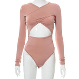 ArtsuWomen Sexy Cross Tops Hollow Out Rompers Slim Lady Summer Long Sleeves Bandage Skinny Bodysuit Bodycon
