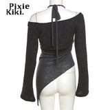 Fashion Y2k Tops Irregular Halter Off Shoulder Long Sleeve Top Grey 2 Piece Set Womens T Shirts Street Clothes