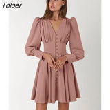 Elegant Puff Sleeve Short Dress Women Sexy V-Neck A-Line Dresses High Waist Single Breasted Pleated Shirt Dress Autumn