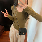 Round-Neck Ins Long-Sleeved Blouse Women's New Autumn Solid Color Cashmere Basic Slim Bottomed Blouse-Outfit
