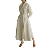 Korean Fashion Slim Dress For Women Lapel Long Sleeve High Waist Midi Dresses Female Spring Clothing Style New