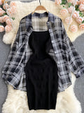 VAREY LIN New Summer Women Fashion Two Piece Set Plaid Long Sleeve Sunscreen Shirt+A-line Knitting Slip Dress Casual